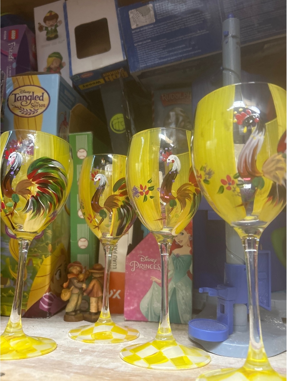 Set of 4 Hand Painted Rooster Yellow Wine Glasses